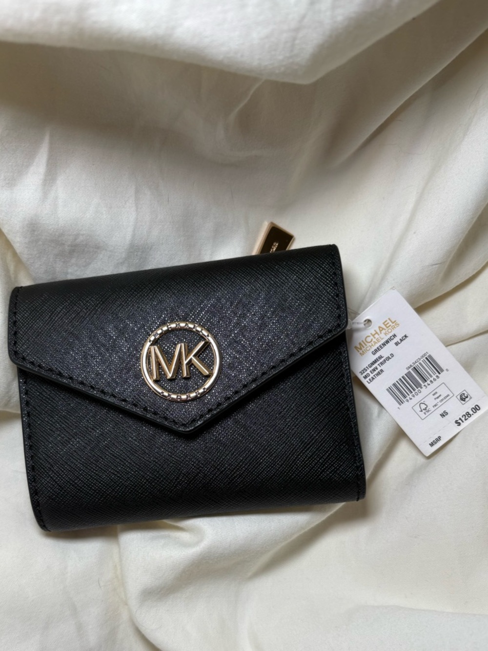 NWT Michael Kors Greenwich Black Envelope Trifold Leather Wallet